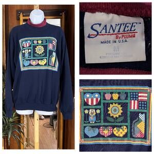 Vintage 90s Santee by Pluma Sweatshirt M USA Made Blue Patchwork Quilt Americana